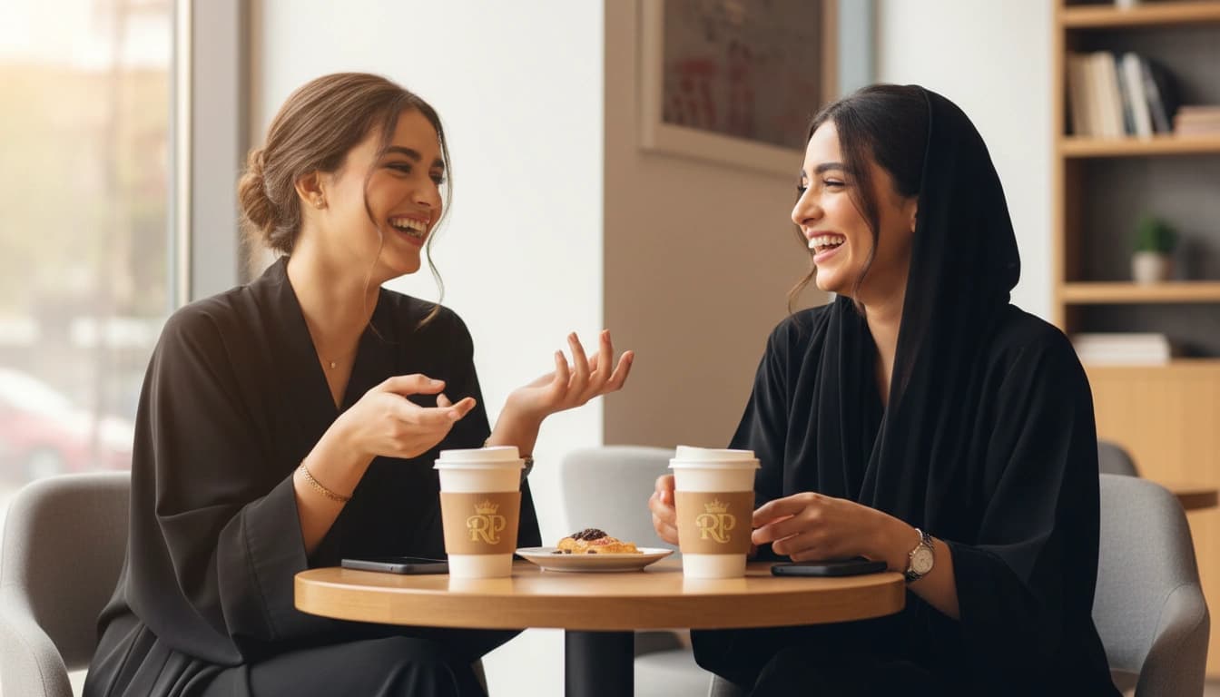Two women talking over drinks at a small cafe table.