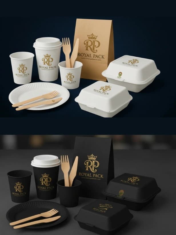 Royal Pack branded cups and packaging collage